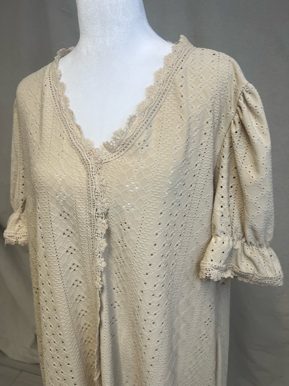 Cottagecore Cream Eyelet Lace V-Neck Cotton Dress Coquette Coastal Cowgirl - Picture 2 of 7